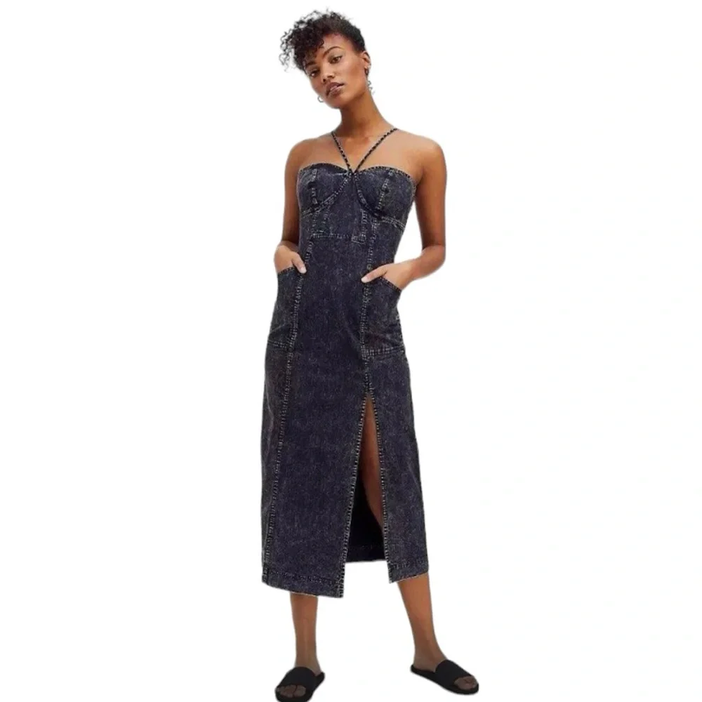Nwt FREE PEOPLE Sz 12LUANNA DENIM MIDI DRESS IN WASHED BLACK